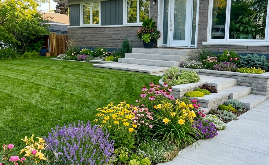 Muret et marches fleuries